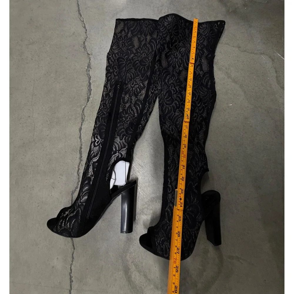Bamboo Black Floral Lace Thigh High Peep Toe Block Heel Boots Size 7 EU 37
